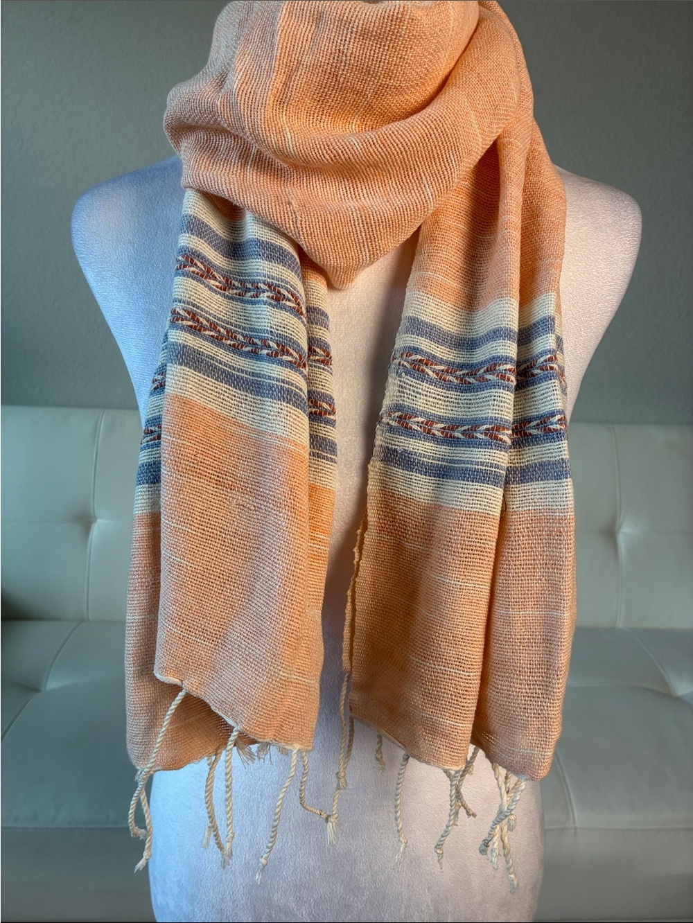 Soft Peach Woven Western Print Scarf with Fringe